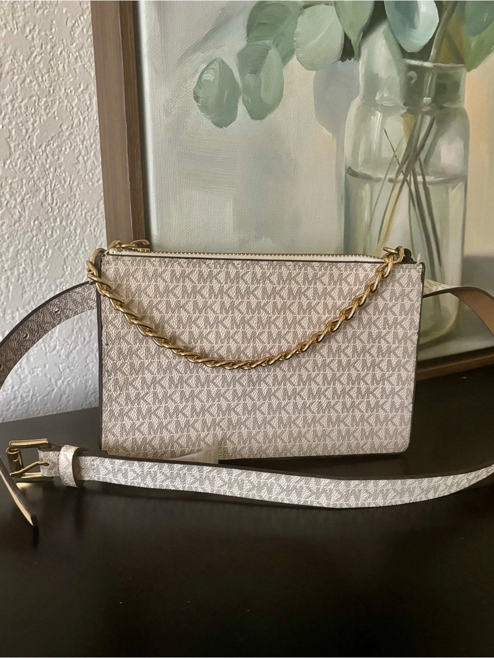 Michael Kors Beige Logo Belt Bag with Gold Chain